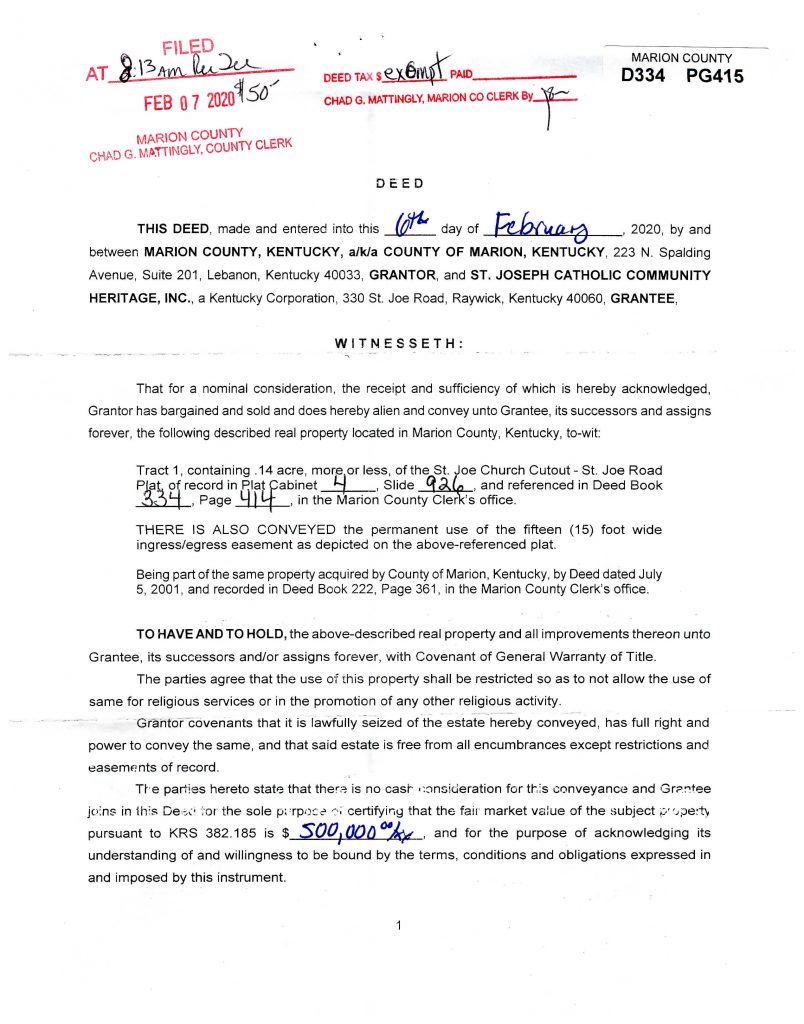 Church Building Deed Transferred to St. Joe Catholic Community Heritage Non-Profit